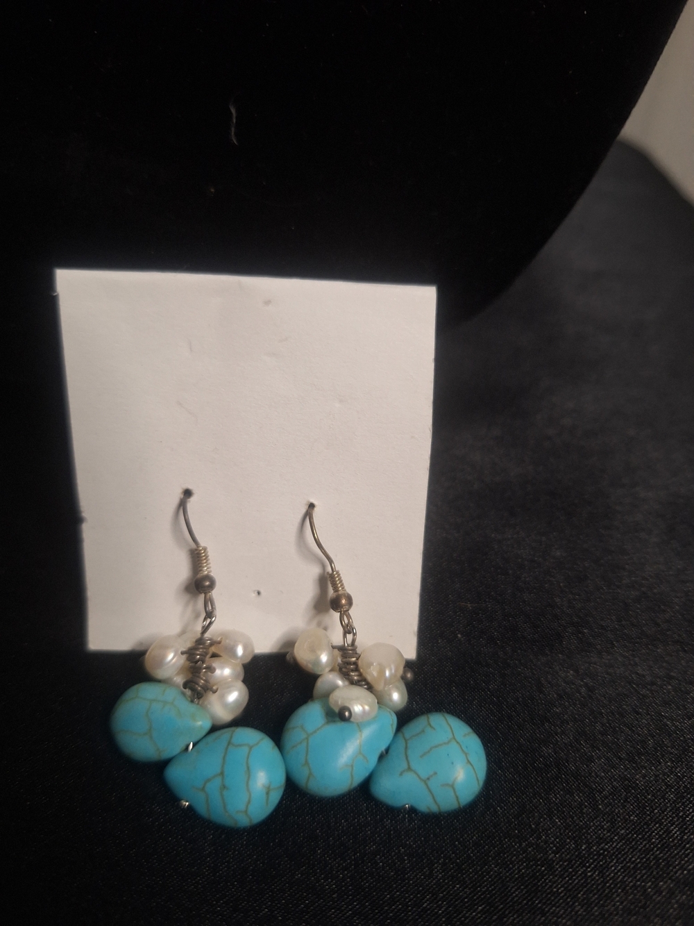 Turquoise Blue and Pearl Cluster Dangle Earrings